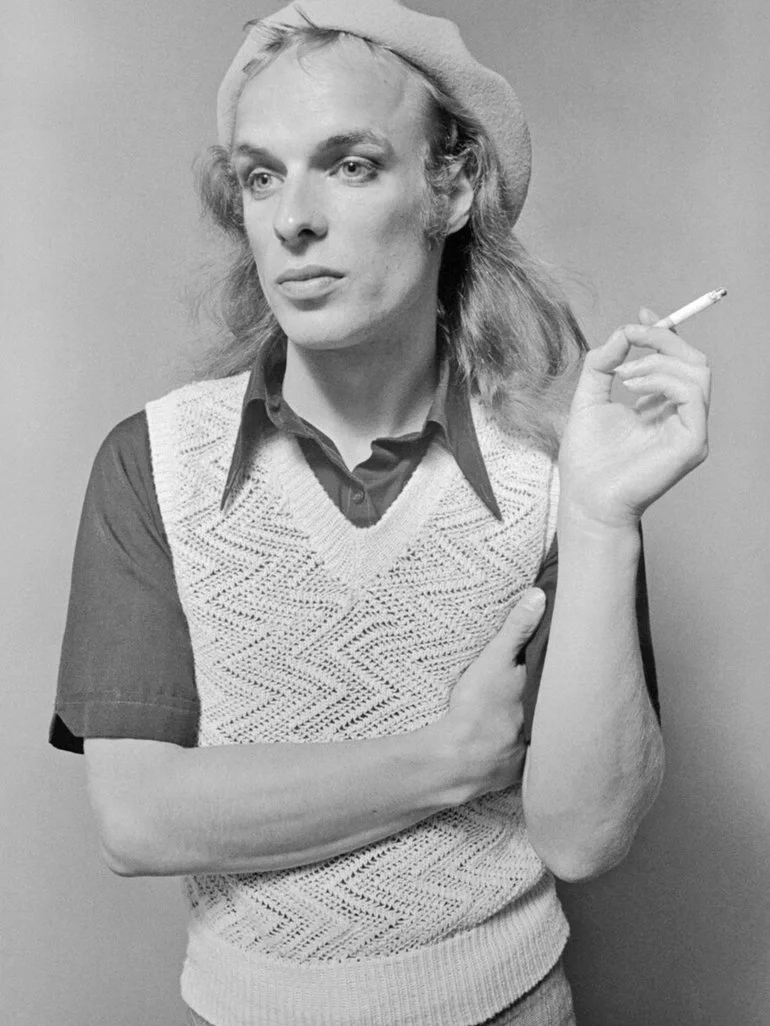 Black-and-white portrait of Brian Eno
